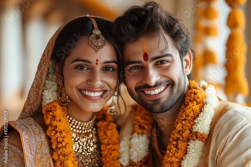 Smiling Hindu Couple at Wedding Ceremony Wearing Traditional Garlands and Celebrating Their Love photo