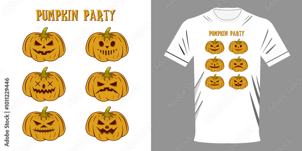Vector illustration T-shirt PUMPKINS FOR HALLOWEEN. HALLOWEEN PARTY STYLE. Clothes for the holiday. Evil pumpkin heads. Retro print for typography.eps Vector illustration T-shirt PUMPKINS FOR HALLOWEEN. HALLOWEEN PARTY STYLE. Clothes for the holiday. Evil pumpkin heads. Retro print for typography.eps