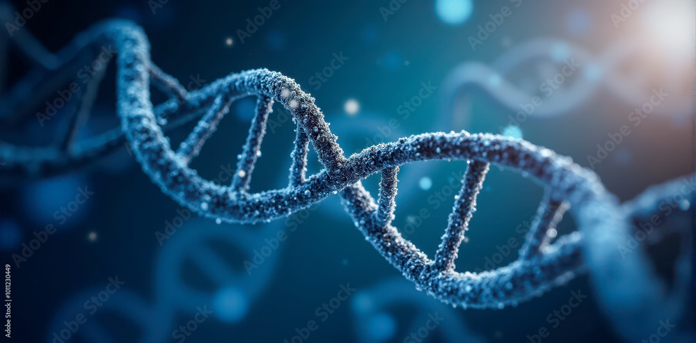 Close-up view of DNA double helix structure in sharp detail against deep blue backdrop for scientific and medical research purposes Close-up view of DNA double helix structure in sharp detail against deep blue backdrop for scientific and medical research purposes
