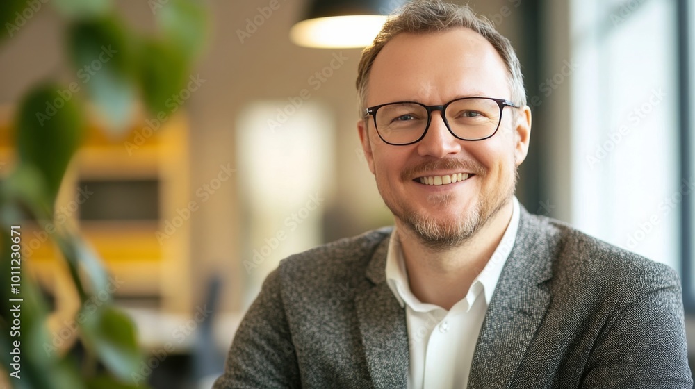 Obraz premium Smiling man wearing glasses works in office.