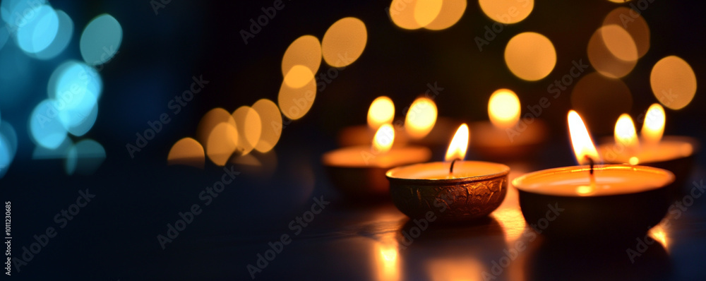 Traditional indian burning lamp on blurred background. Ethnic decorations for Indian festival of lights Diwali and Pongal. Ugadi, Gudi Padwa. Hindu New Year. Religion concept with copy space Traditional indian burning lamp on blurred background. Ethnic decorations for Indian festival of lights Diwali and Pongal. Ugadi, Gudi Padwa. Hindu New Year. Religion concept with copy space