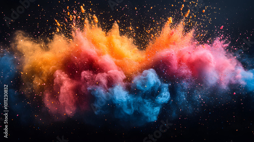 Colorful powder explosion isolated on a black background, creating a stunning visual display of vibrant colors. The dynamic burst of hues conveys energy and creativity, making it an eye-catching image