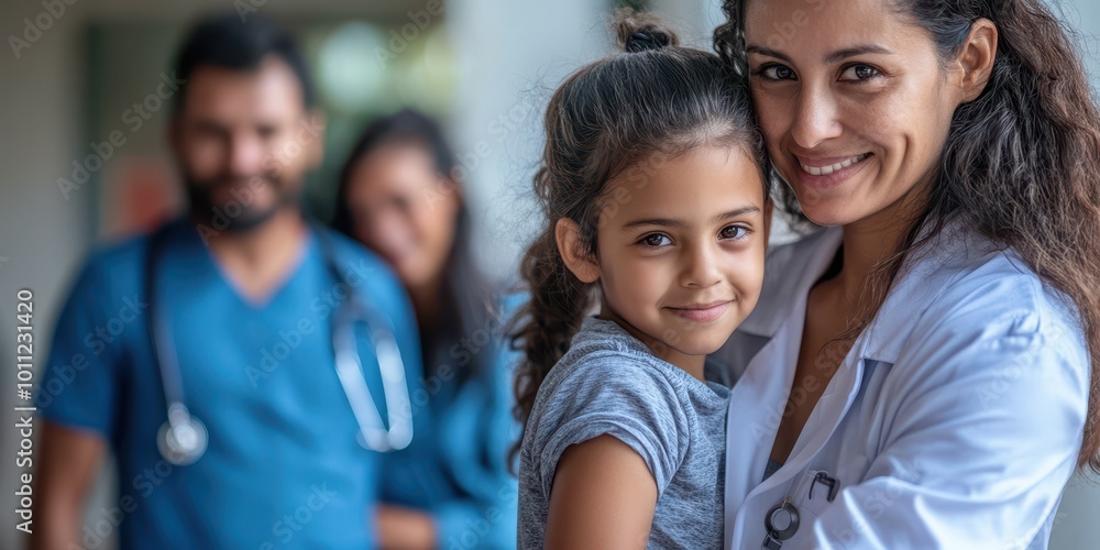 Fototapeta premium A caring doctor smiles while holding a young girl in a hospital setting, showcasing compassion and healthcare professionalism.
