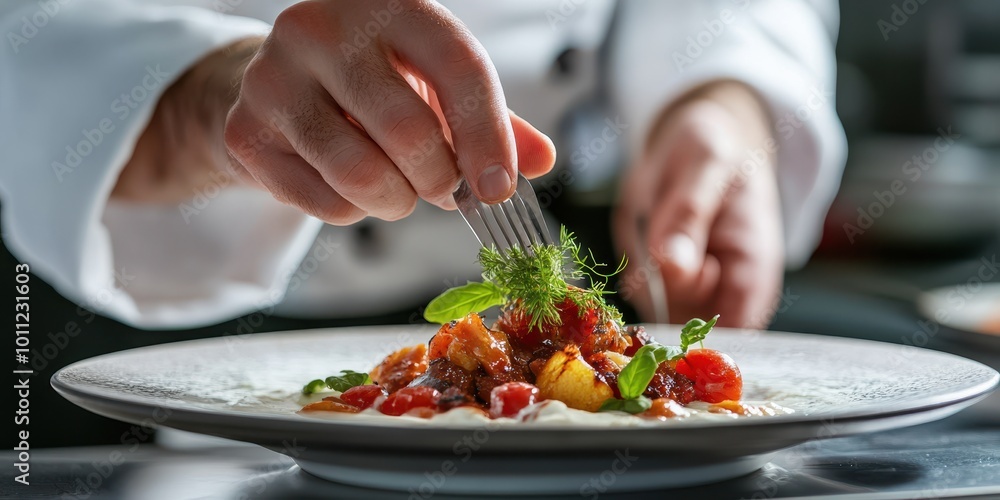 A chef garnishing a beautifully plated dish with fresh herbs and colorful ingredients, showcasing culinary artistry. A chef garnishing a beautifully plated dish with fresh herbs and colorful ingredients, showcasing culinary artistry.