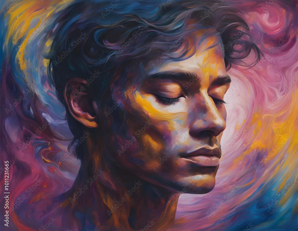 Portrait of a man on a background of multi-colored paints. Bright colors, drawing, creativity Portrait of a man on a background of multi-colored paints. Bright colors, drawing, creativity