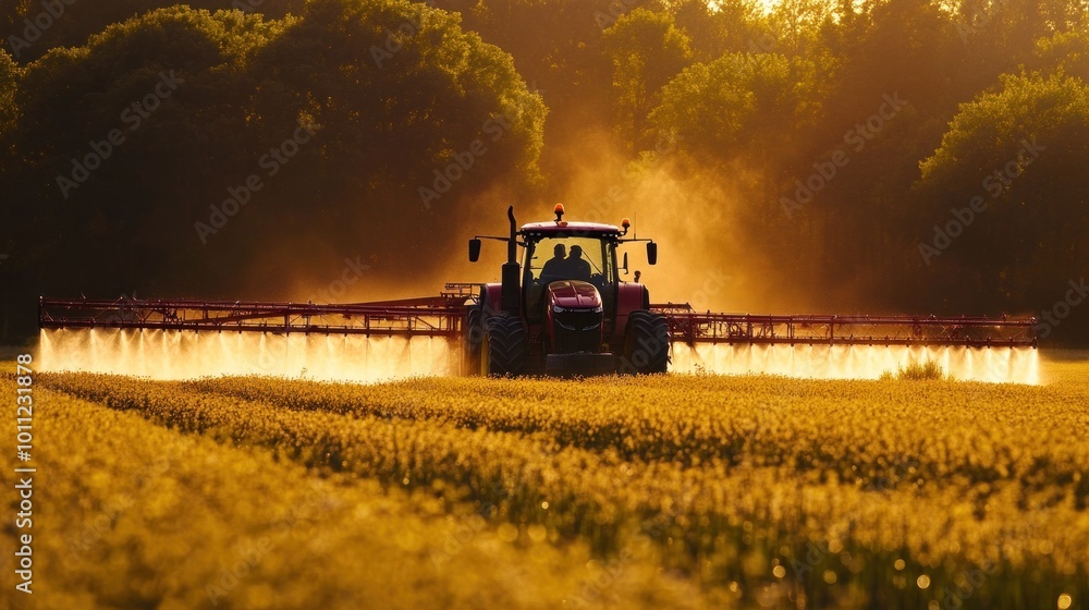 A red tractor sprays a field of crops at sunset, creating a dust cloud. A red tractor sprays a field of crops at sunset, creating a dust cloud.