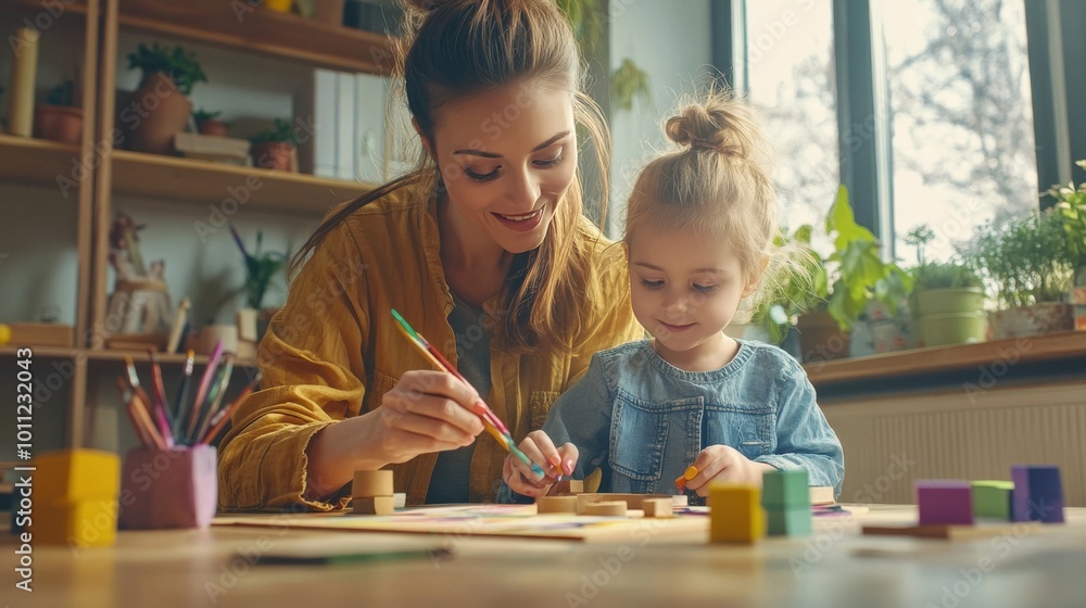 Family moment: Mom and daughter paint wooden items at home. Family moment: Mom and daughter paint wooden items at home.