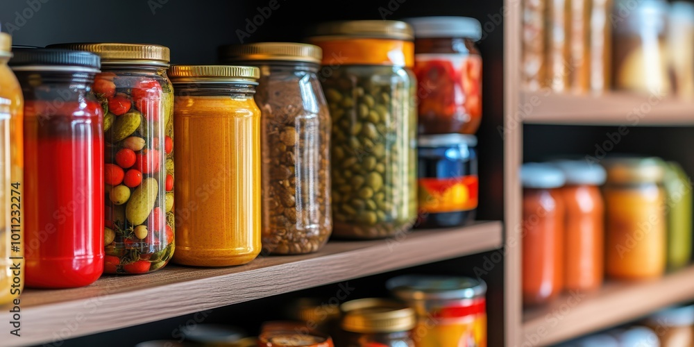 A colorful display of jars filled with various preserves on a wooden shelf, showcasing vibrant ingredients and organized storage. A colorful display of jars filled with various preserves on a wooden shelf, showcasing vibrant ingredients and organized storage.