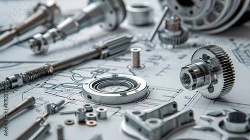 A detailed close-up of various mechanical parts and technical drawings, showcasing an intricate design and engineering concept. The image highlights precision and industrial craftsmanship.