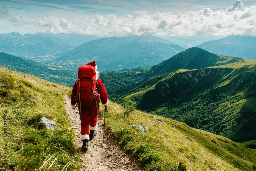 Obraz premium jolly figure in red outfit hikes through stunning mountain landscape, surrounded by lush greenery and breathtaking views. scene captures spirit of adventure and joy