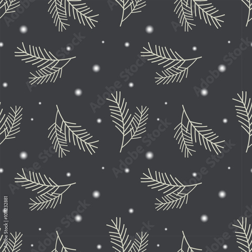 Dark pattern with pine spruce branches and snow, winter background, night snowy sky.