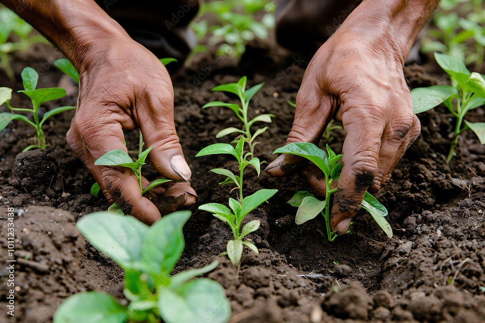 Human hands holding young green plant with soil background Human hands holding young green plant with soil background