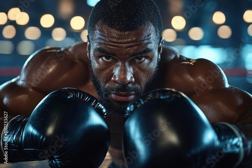 Close-up Portrait of a Determined Boxer Wearing Black Gloves