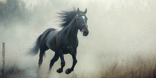 A majestic black horse runs gracefully through a misty field, embodying freedom and beauty in nature's embrace.