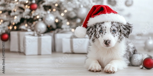 A cute blue merle border collie puppy in a christmas hat, sitting on the ground, against an Christmas tree with silver decor photo