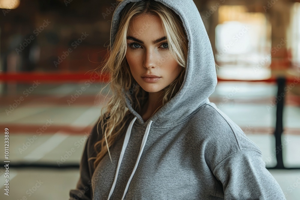 A Young Woman Wearing a Grey Hoodie With a Serious Expression A Young Woman Wearing a Grey Hoodie With a Serious Expression