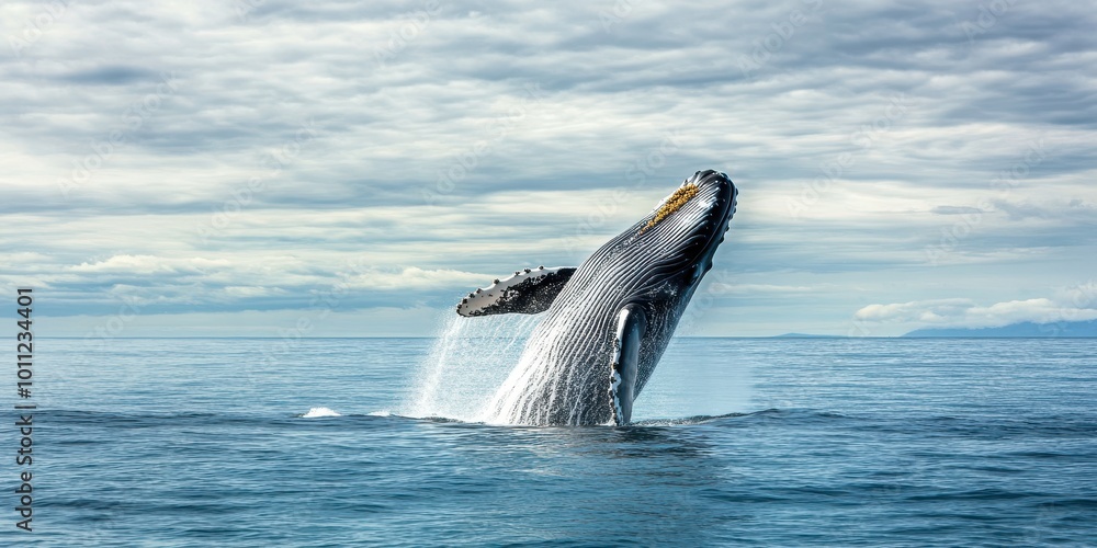 Fototapeta premium A majestic whale breaches the surface of the ocean, showcasing its power and grace against a backdrop of cloudy skies.