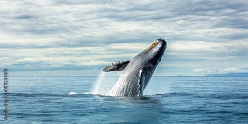 A majestic whale breaches the surface of the ocean, showcasing its power and grace against a backdrop of cloudy skies.