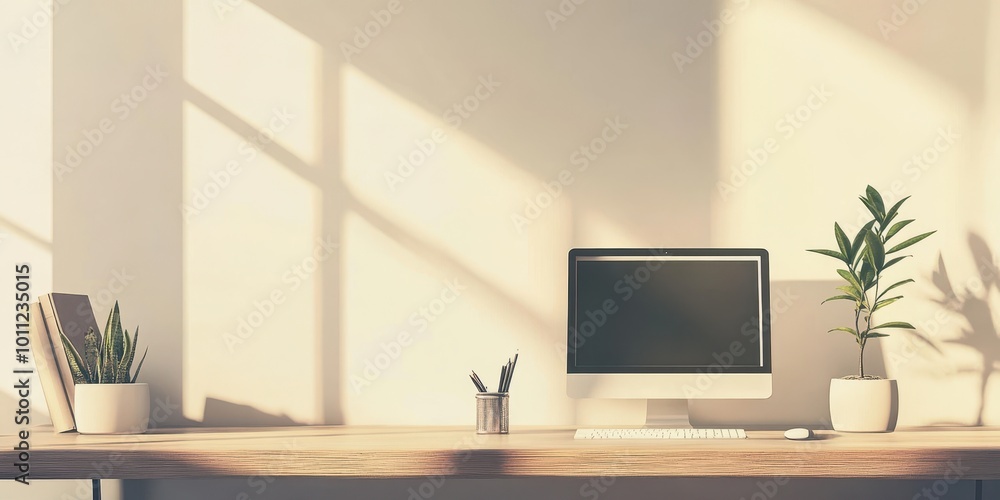 A modern workspace featuring a computer, plants, and natural light, creating a serene and productive environment. A modern workspace featuring a computer, plants, and natural light, creating a serene and productive environment.