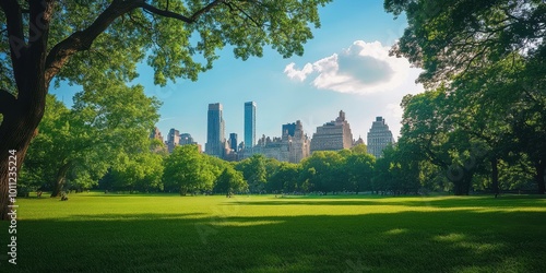 A peaceful park scene showcasing lush greenery with a stunning city skyline in the background, perfect for urban nature themes.