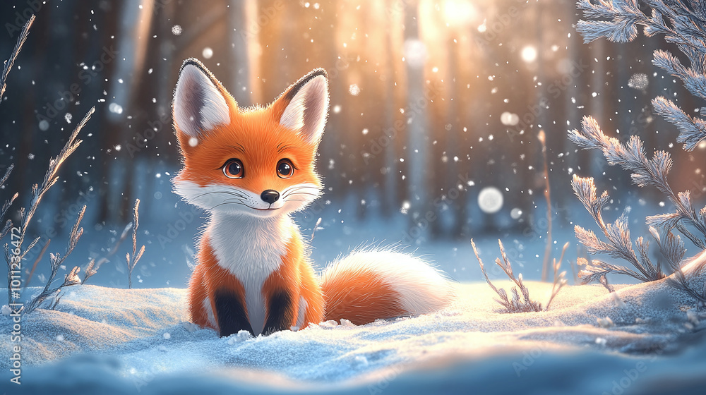 cute baby fox in a winter forest on a winter day. christmas fox cute baby fox in a winter forest on a winter day. christmas fox