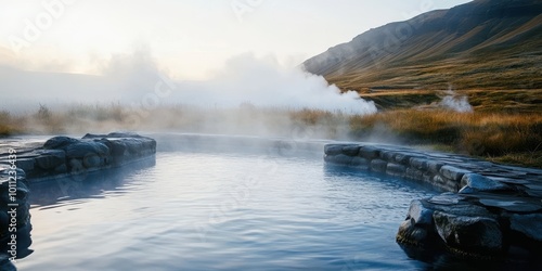 A serene hot spring surrounded by lush mountains, creating a tranquil atmosphere with steam rising into the cool air. photo