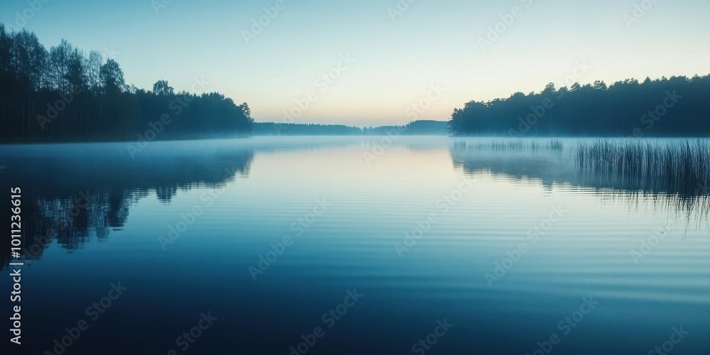 Fototapeta premium A serene landscape featuring a calm lake at dawn, surrounded by mist and reflecting soft blue hues of morning light.
