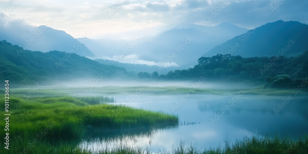 A serene landscape featuring a calm lake surrounded by misty mountains and lush greenery, perfect for relaxation and inspiration. A serene landscape featuring a calm lake surrounded by misty mountains and lush greenery, perfect for relaxation and inspiration.