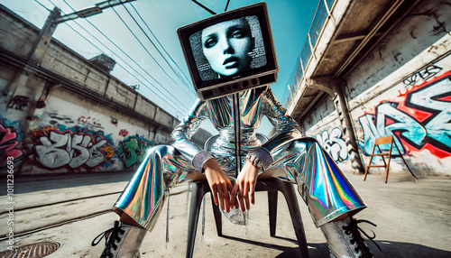 Fashion model with TV head wearing silver urban clothing 