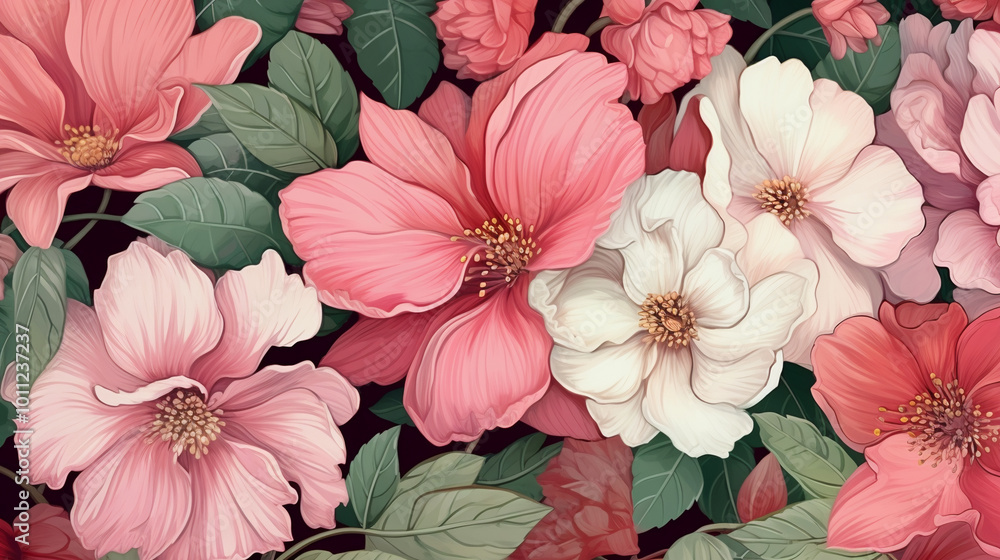 A detailed illustration of pink and white flowers with green leaves, in full bloom, set against a background of soft pastel colors.