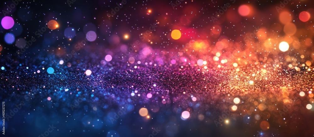 Abstract colorful bokeh lights background with sparkling glitter, a festive and celebratory backdrop.