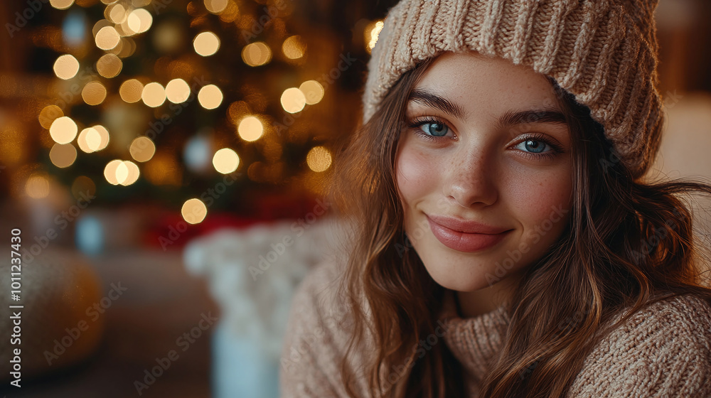 Photo of beautiful cheerful girl dreamy look empty space dressed clothes ornament cozy christmas party decor spacious house indoors rooms Photo of beautiful cheerful girl dreamy look empty space dressed clothes ornament cozy christmas party decor spacious house indoors rooms