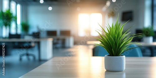 A serene office space featuring a vibrant plant, symbolizing nature and tranquility in a modern workspace. photo