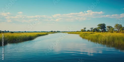 A serene river landscape with lush greenery and a clear blue sky, perfect for nature lovers and tranquil escapes.