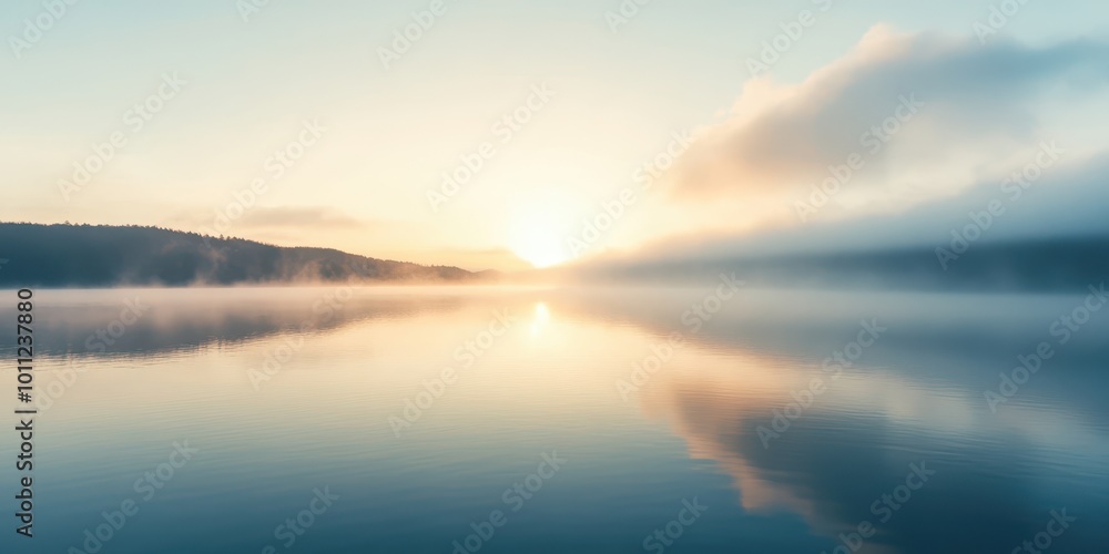 Fototapeta premium A serene sunrise over a tranquil lake, reflecting soft clouds and a misty landscape, perfect for peaceful nature imagery.