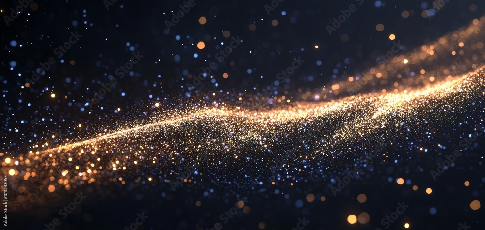 A shimmering wave of golden particles glimmers against a dark background, creating a mesmerizing and ethereal effect. A shimmering wave of golden particles glimmers against a dark background, creating a mesmerizing and ethereal effect.