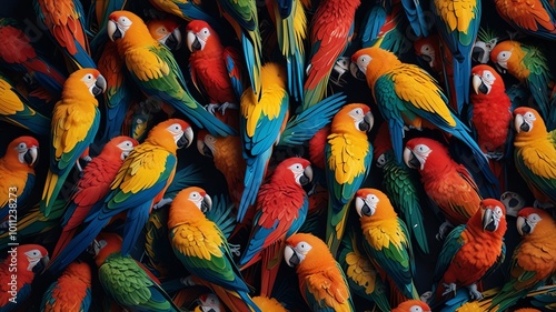 A vibrant pattern of colorful macaws.