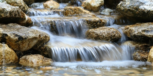 A serene waterfall cascading over smooth rocks, creating a tranquil atmosphere with gentle water flow and natural beauty.