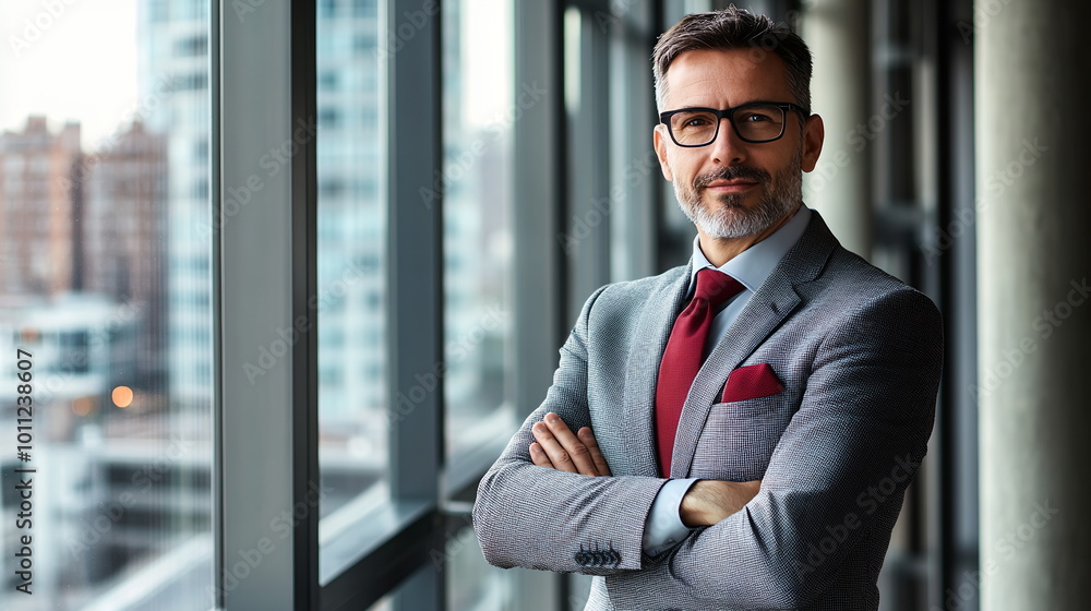 Middle-aged Caucasian male consultant in a gray suit and red tie, standing in front of a floor-to-ceiling window with a city skyline view, arms crossed. Presentation, investment update, future goals Middle-aged Caucasian male consultant in a gray suit and red tie, standing in front of a floor-to-ceiling window with a city skyline view, arms crossed. Presentation, investment update, future goals