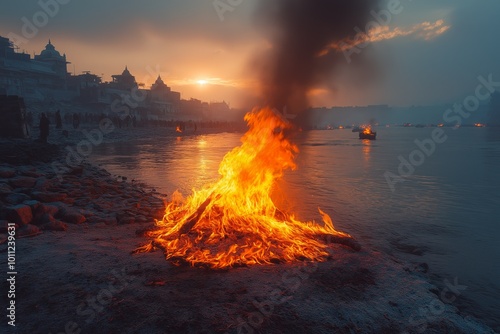 Evening Hindu Cremation Ritual by the Ganges River in Varanasi with Pyre and Flames