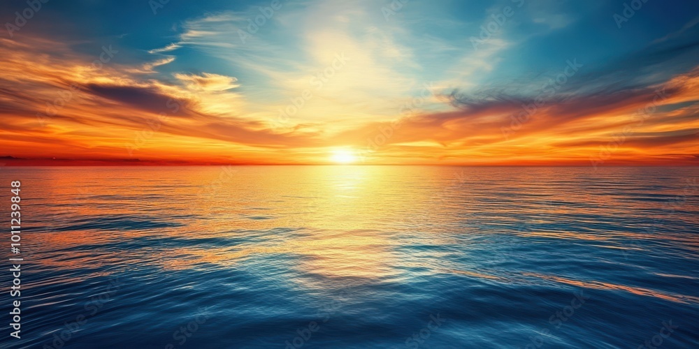 Fototapeta premium A stunning sunset over calm ocean waters, showcasing vibrant colors and serene reflections that inspire tranquility.