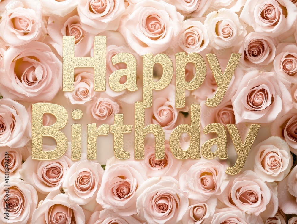 Elegant birthday greeting with gold lettering on a soft pink rose background. Elegant birthday greeting with gold lettering on a soft pink rose background.