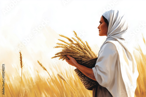Depiction of biblical Ruth gathering wheat in a field, symbolizing faithfulness, humility, and devotion in a peaceful and serene setting.