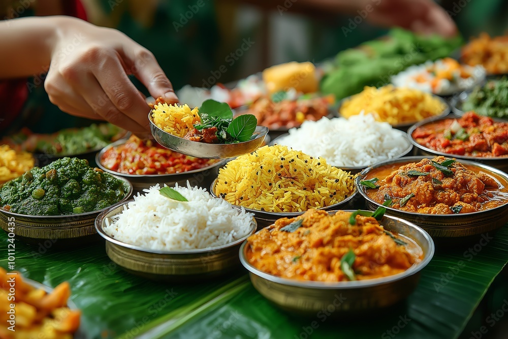 Hand serving traditional Indian vegetarian food with rice and curries on a festive banana leaf Hand serving traditional Indian vegetarian food with rice and curries on a festive banana leaf