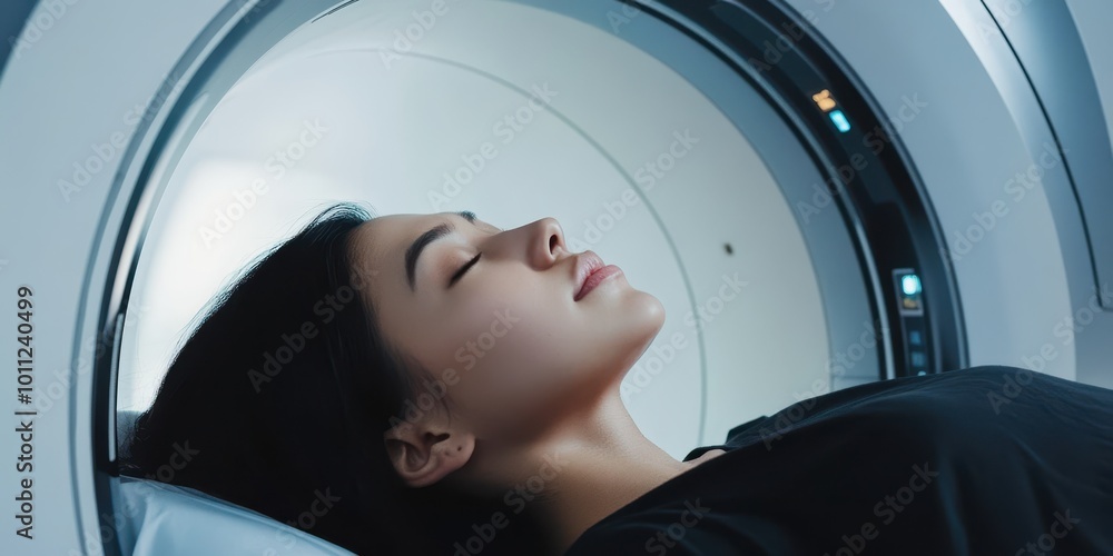 A tranquil scene of a woman undergoing an MRI scan in a modern medical facility, symbolizing health and technology in healthcare. A tranquil scene of a woman undergoing an MRI scan in a modern medical facility, symbolizing health and technology in healthcare.