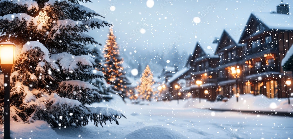 A snowy winter scene featuring illuminated trees and cozy homes, creating a festive atmosphere amidst falling snowflakes. A snowy winter scene featuring illuminated trees and cozy homes, creating a festive atmosphere amidst falling snowflakes.