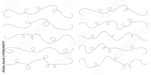 Set of long dashed hand drawn squiggle, loopy lines