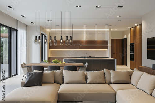 Modern open-concept kitchen and living room with elegant lighting fixtures  neutral tones  and wood accents. A stylish and functional space for contemporary living and dining
