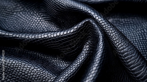 A close-up view of textured black leather, showcasing its intricate patterns and luxurious appearance.