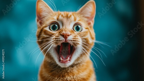 Funny Ginger Cat with Shocked Expression and Wide Eyes on White Background